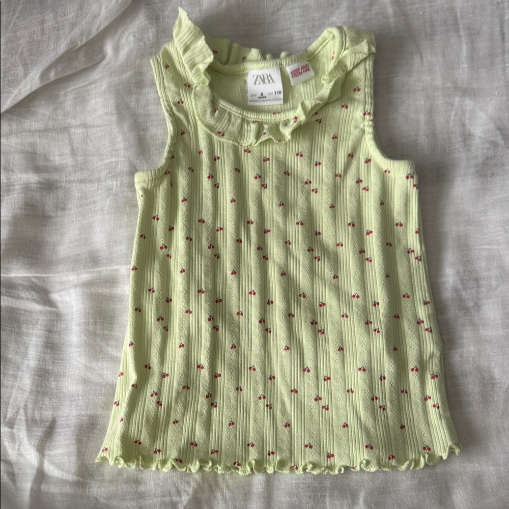 ZARA Light Green Ribbed Tank Top with Cherry Print